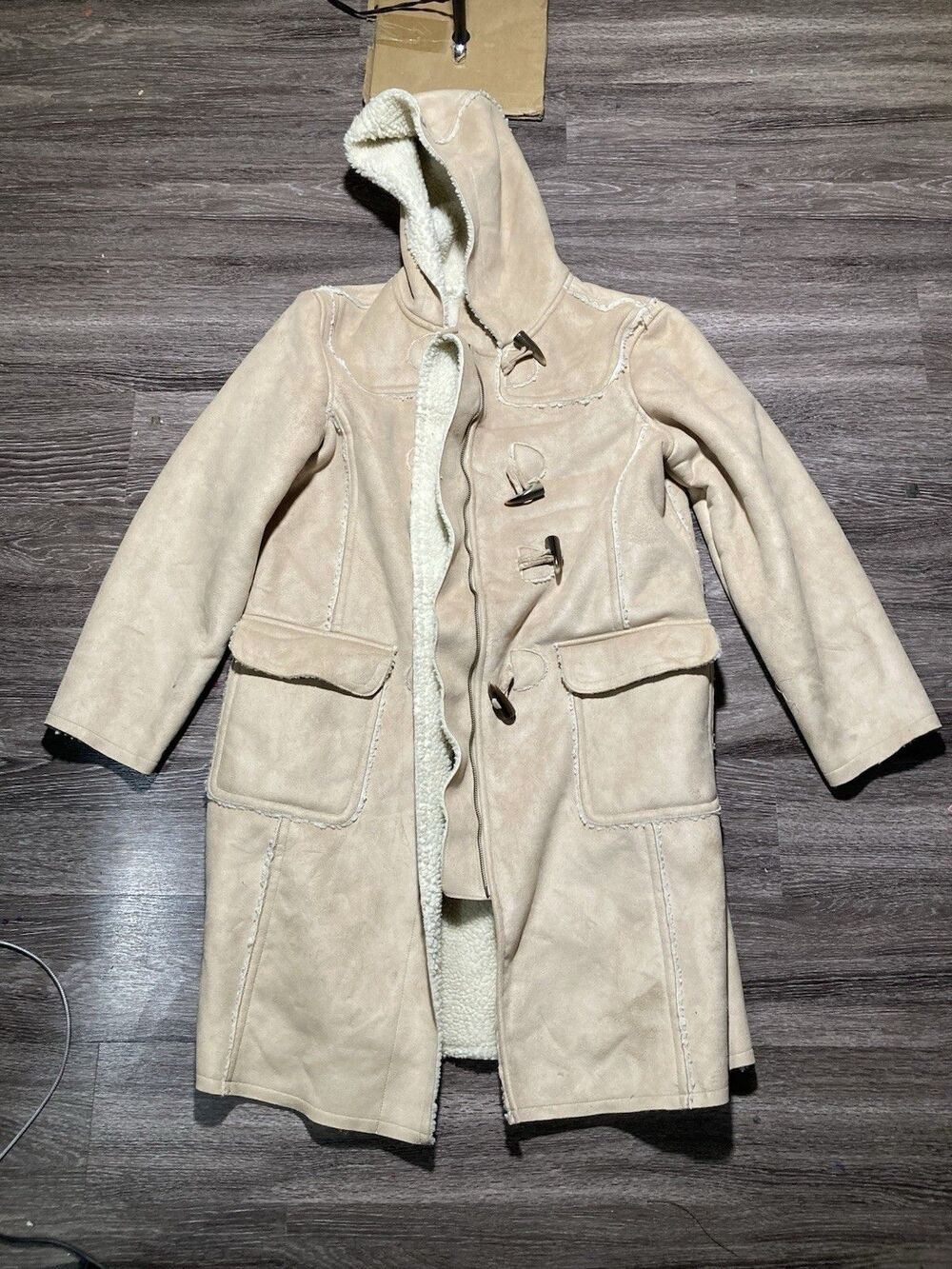 Gap Women's Faux Suede Sherpa Lined Toggle Duffle Coat XL Hooded Tan Camel
